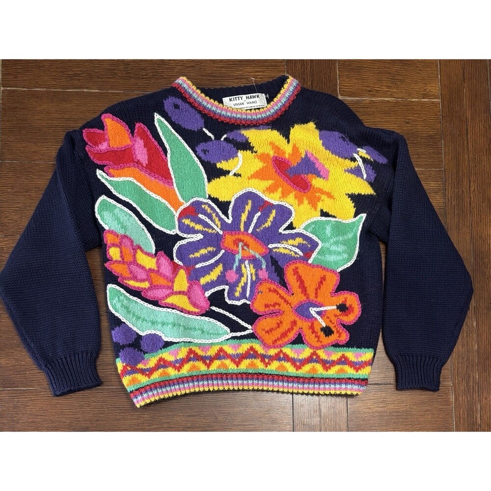 Vintage Kitty Hawk Woman by Vivian Wang Multicolored Floral Sweater Size M
